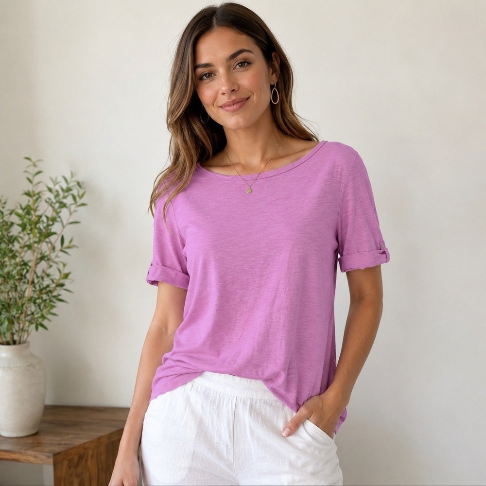 Chicos Pink‎ The Ultimate Tee Cotton Modal Slub Boat Neck Button Tab Size 1 M